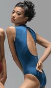 Back view of blue adult high neck leotard on model
