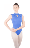 Front view of blue adult high neck leotard on model