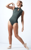 Adult dancer wearing green high neck leotard, front view