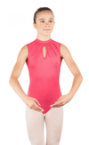 Adult dancer wearing red high neck leotard, front view