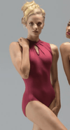 Adult dancer wearing burgundy high neck leotard, front view
