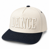 A structured baseball cap with an off-white crown and a dark navy blue brim. The front of the crown features the word 'DANCE' embroidered in large, raised block letters on the front panel.