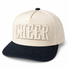 A structured baseball cap with an off-white crown and a dark navy blue flat brim. The word 'CHEER' is embroidered in large, raised block letters across the front in the same off-white thread as the crown.
