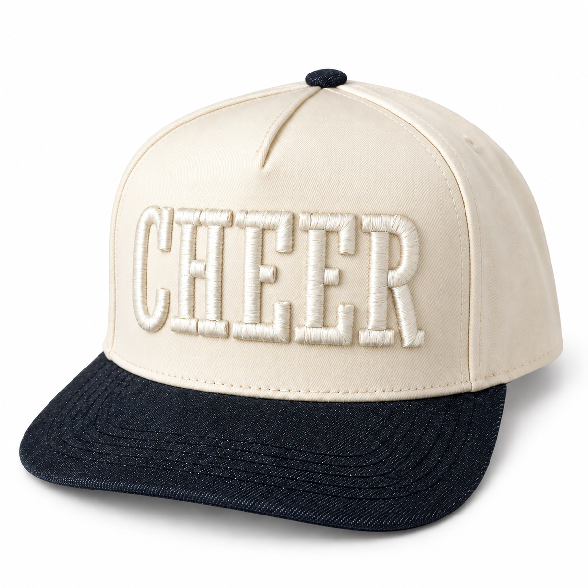 A structured baseball cap with an off-white crown and a dark navy blue flat brim. The word 'CHEER' is embroidered in large, raised block letters across the front in the same off-white thread as the crown.