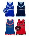 Multiple mini cheer outfits shown together in assorted school color combinations