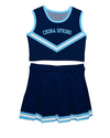Navy and white mini cheer outfit displayed on a hanger