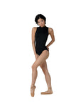 Model wearing black halter leotard with sheer back detail