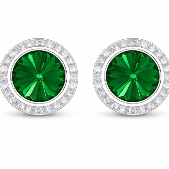 Emerald rondel dance earrings with rivoli center shown as a pair on a white background.