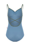 Blue child camisole leotard with thin straps and open back, shown flat.
