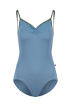 Blue child camisole leotard with thin straps and open back, shown flat.