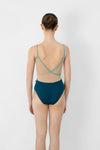 Adult model wearing a camisole leotard with mesh mock wrap back, shown from the back.