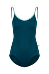 Adult camisole leotard with scoop neckline in a deep teal color, shown from the front.
