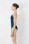 Side view of adult model wearing a camisole leotard with mesh back detail.