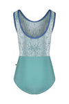 Teal child tank leotard with velvet patterned overlay back view