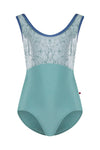 Teal child tank leotard with velvet patterned overlay front view