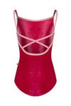Red velvet child camisole leotard with open criss-cross back, shown flat.