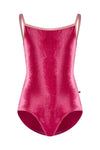 Red velvet child camisole leotard with open criss-cross back, shown flat.