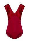 Adult short sleeve leotard in red with double V-neckline and fitted waist seam, shown from the front.
