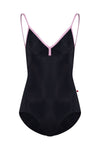Black camisole leotard with light trim and double v neckline front view