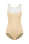 Adult tank leotard with mesh upper back panel in a light neutral tone, shown from the front.