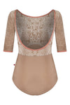Neutral tone 3/4 sleeve leotard with low back shown flat from the back.