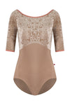Image 12 Alt Text: Neutral tone 3/4 sleeve leotard with low back shown flat from the front.