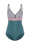 Teal and pink color-block camisole leotard front view