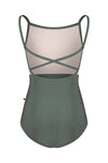 Olive-toned child camisole leotard with open back straps, shown flat.