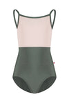Olive-toned child camisole leotard with open back straps, shown flat.