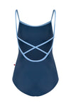 Navy child camisole leotard with thin straps, shown flat from the back.