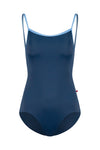Navy child camisole leotard with thin straps, shown flat from the front.