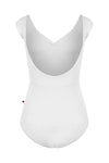 Image 10 Alt Text: White cap sleeve leotard with pinch front, shown from the back.