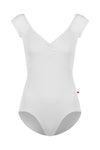 White cap sleeve leotard with pinch front, shown from the front.
