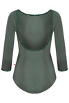Green 3/4 sleeve leotard with boat neckline shown flat from the back.