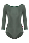 Green 3/4 sleeve leotard with boat neckline shown flat from the front.