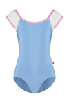 Child cap sleeve leotard with mesh sleeves and contrast trim front view