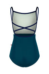 Child camisole leotard with contrast bodice and thin straps, shown from the back.
