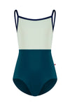 Child camisole leotard with contrast bodice and thin straps, shown from the front.