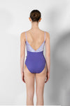 Model wearing purple camisole leotard back view