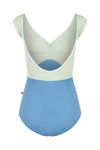 Two-tone cap sleeve leotard with contrasting mesh detail, shown from the front.