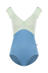 Two-tone cap sleeve leotard with contrasting mesh detail, shown from the front.