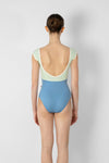 Adult model wearing a two-tone cap sleeve leotard, shown from the back.