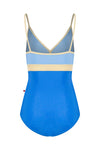 Blue and yellow color-block camisole leotard back view
