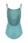 Dark teal child camisole leotard with open back straps, shown flat.