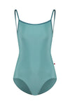 Dark teal child camisole leotard with open back straps, shown flat.