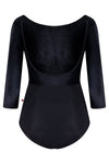 Black 3/4 sleeve leotard with low back shown flat from the back.