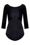 Black 3/4 sleeve leotard with boat neckline shown flat from the front.