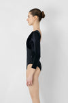 Side view of adult model wearing black 3/4 sleeve leotard.