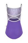 Purple child camisole leotard with open criss-cross back, shown flat.