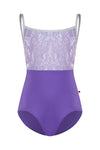 Purple child camisole leotard with open criss-cross back, shown flat.